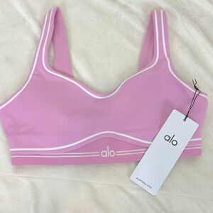 NWT Alo Yoga Airbrush Heart Throb Bra Candy Heart Pink/White